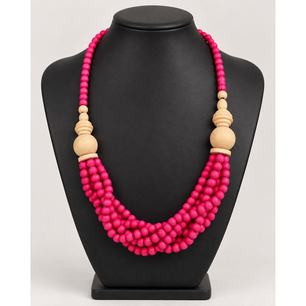 Pink Wooden Bead Multi Strand Bib Statement Necklace Natural Wood Accents